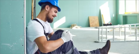 Male worker in hard hat seated against a wall while holding his knee in both hands indicating a possible injury at work.